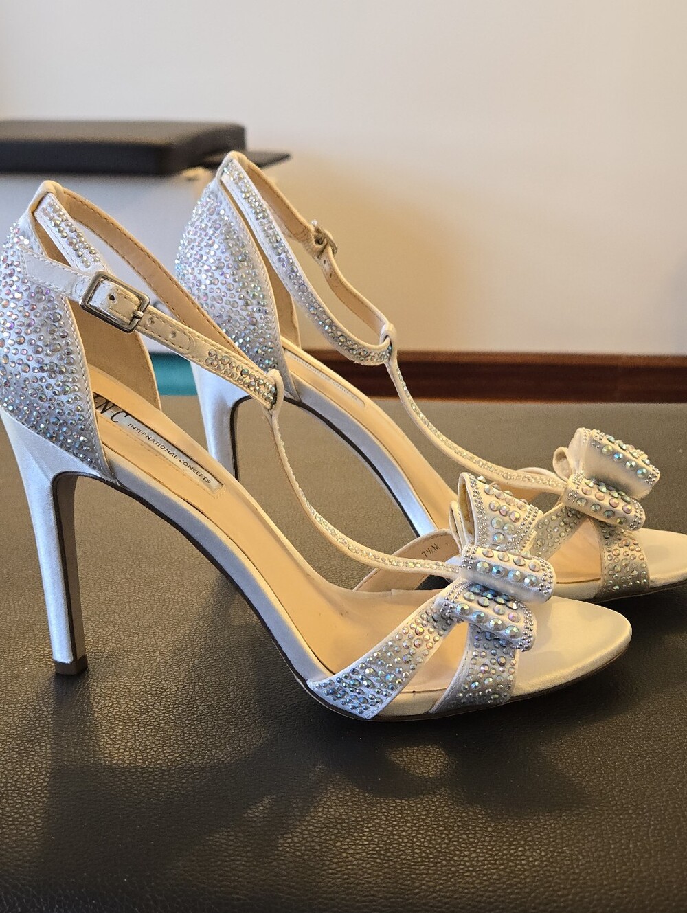 INC Intnl Concepts Ivory Satin Rhinestone Bow T-Strap Stiletto Heels Size 7.5